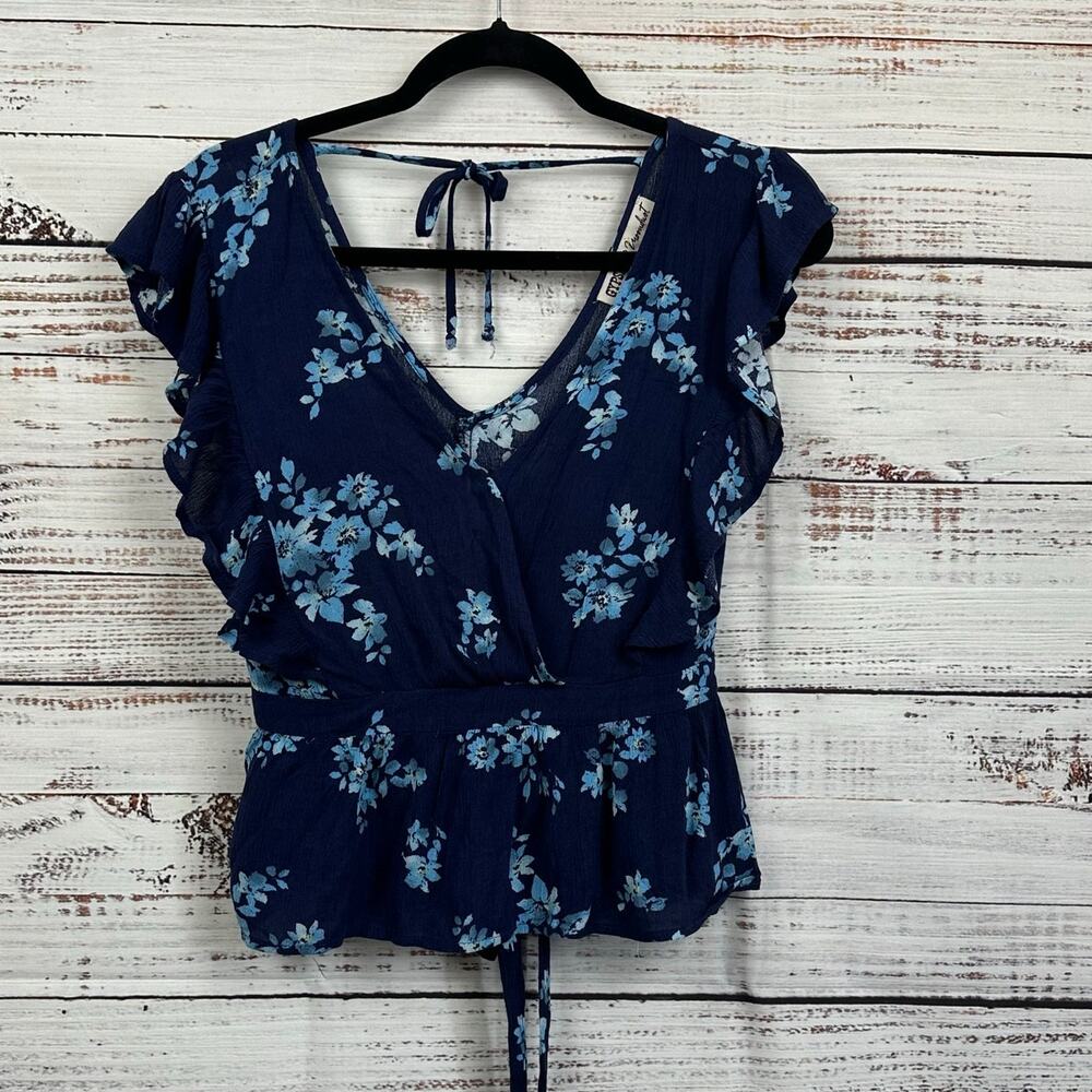 Gypsies & Moondust Navy Floral Crop Waist Tie Sleeveless Ruffle Top Womens Sz L